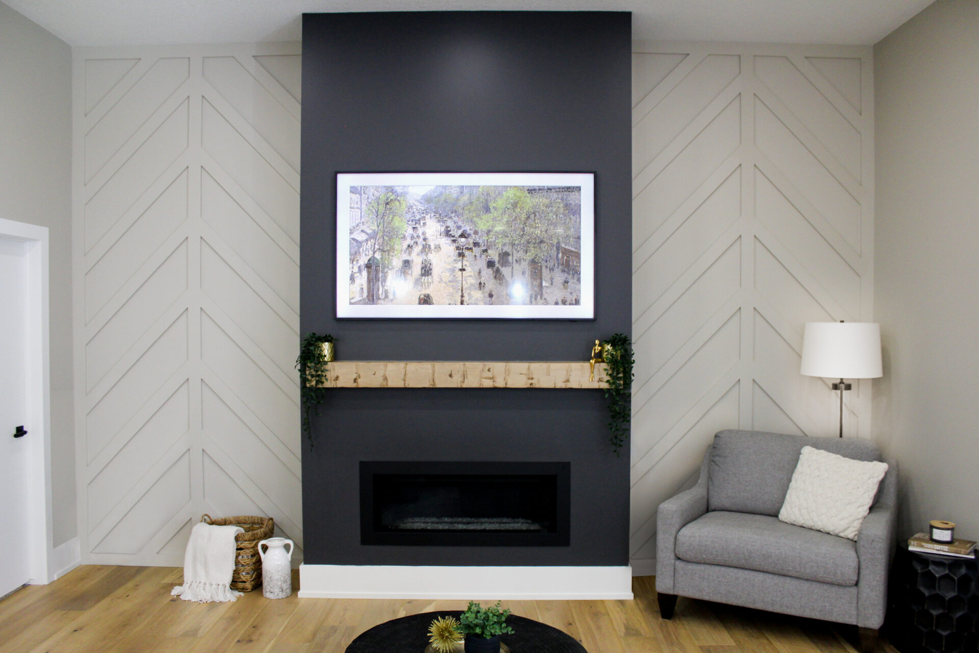 Modern Chevron Accent Wall and Fireplace